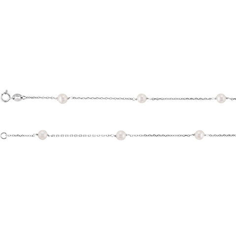 4MM White Pearl 14K White Gold Station Necklace