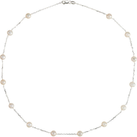 5.5-6.0MM White Pearl Sterling Silver Station Necklace