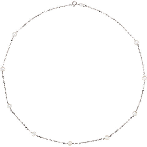 4.0-4.5MM White Pearl Sterling Silver Station Necklace